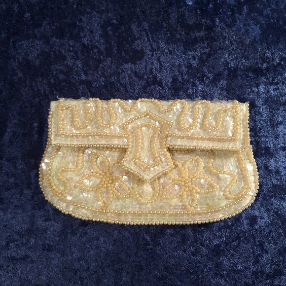 Vintage John Wind Japan Bead & Sequin Clutch Purse Ivory/Gold Mid-century Glam - Picture 1 of 13